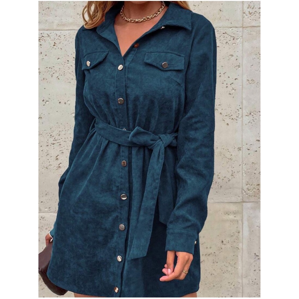 Corduroy Button Down Belted Long Sleeve Shirt Dress - Picture 2 of 11